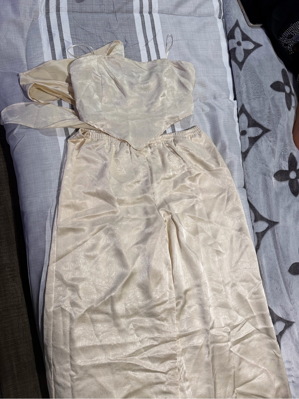 Sincerly Jules Champagne Strapless Satin Two-Piece Dress Set